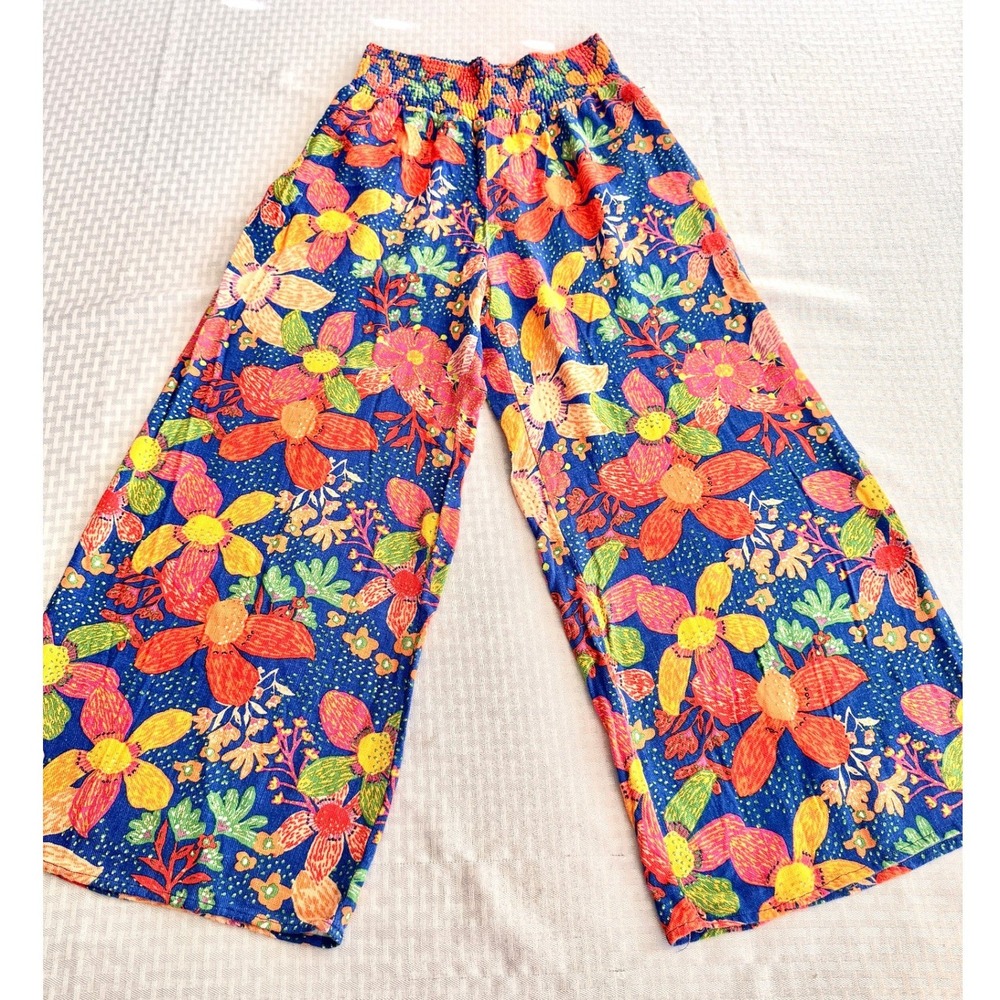 Sienna Sky Floral Wide Leg Boho Pants Blue Orange Linen Blend Smocked Large